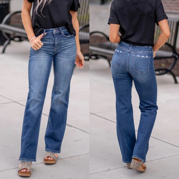 Risen Jeans Womens High Rise Straight Leg Jean Plus Size 1XL Dark Blue Stretch - Picture 1 of 15